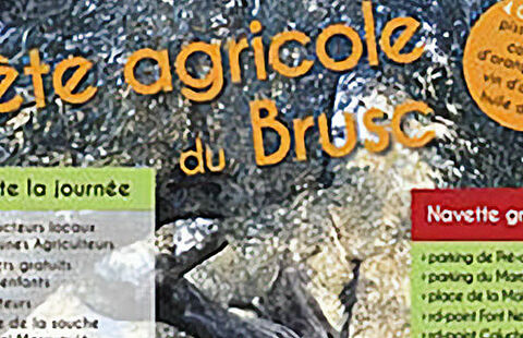 Affiche de la fête agricole du Brusc le dimanche 5 mai représentant une chêvre au milieu d'oliviers 