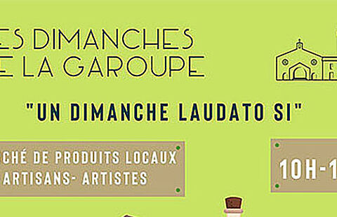 Affiche des dimanches de la Garoupe presentant des produits locaux sur fond vert