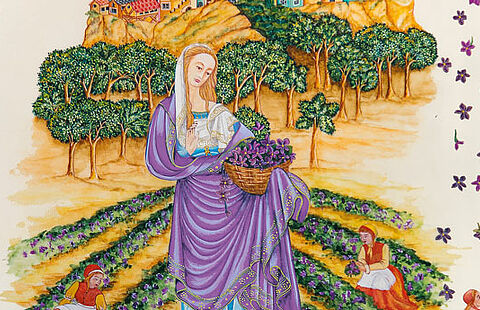 Peinture d'une femme portant des violettes dans un panier