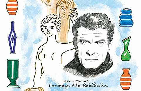 Affiche dessinée de la fête de la poterie avec une image de Jean Marais