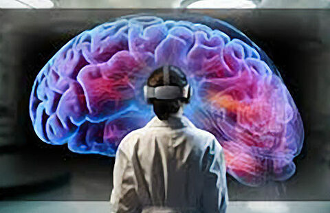 Affiche représentant une image de cerveau et une personne avec un casque VR