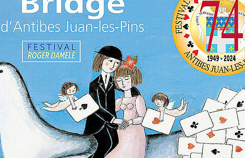 Affiche du festival international de bridge avec les amoureux de Peynet sur une colombe tenant des cartes 