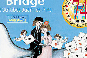 Affiche du festival international de bridge avec les amoureux de Peynet sur une colombe tenant des cartes 