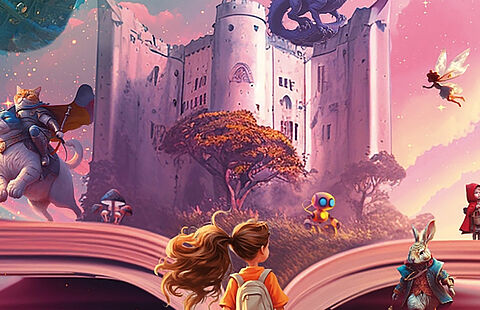 Affiche dessinée du festival du livre jeunesse montrant un monde fantastique avec bateau volant, dragon, fée..