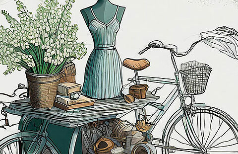 Affiche dessinée du vide greniers de la Roque en Provence représentant un vélo, des pots, des livres, des outils