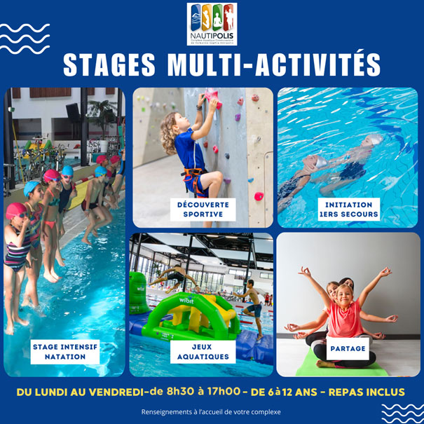 Affiche stages multi-activités : découverte sportive - initiation premiers secours - Stage natation - jeux aquatiques
