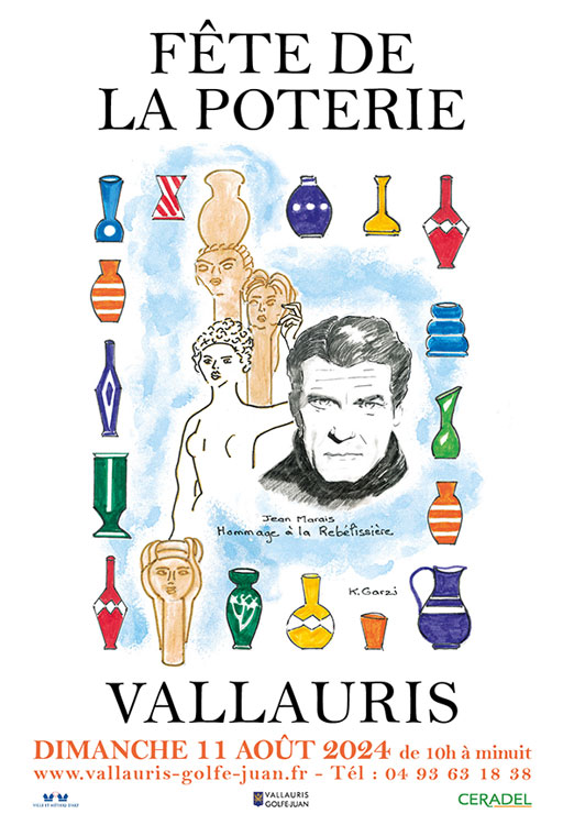 Affiche dessinée de la fête de la poterie avec une image de Jean Marais