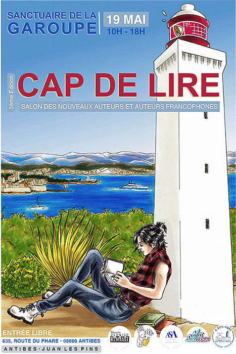 Affiche Cap de Lire représantant le phare de Garoupe et une personne en train d'écrire à son pied