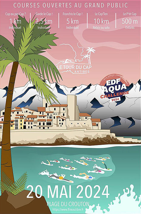 Affiche dessinée de la manifestation représentant les remparts d'Antibes et des nageurs 
