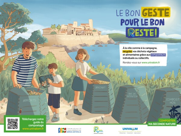 affiche avec vue sur la ville d'Antibes et des personnes triant les biodéchets et le texte "le bon geste pour le bon reste"